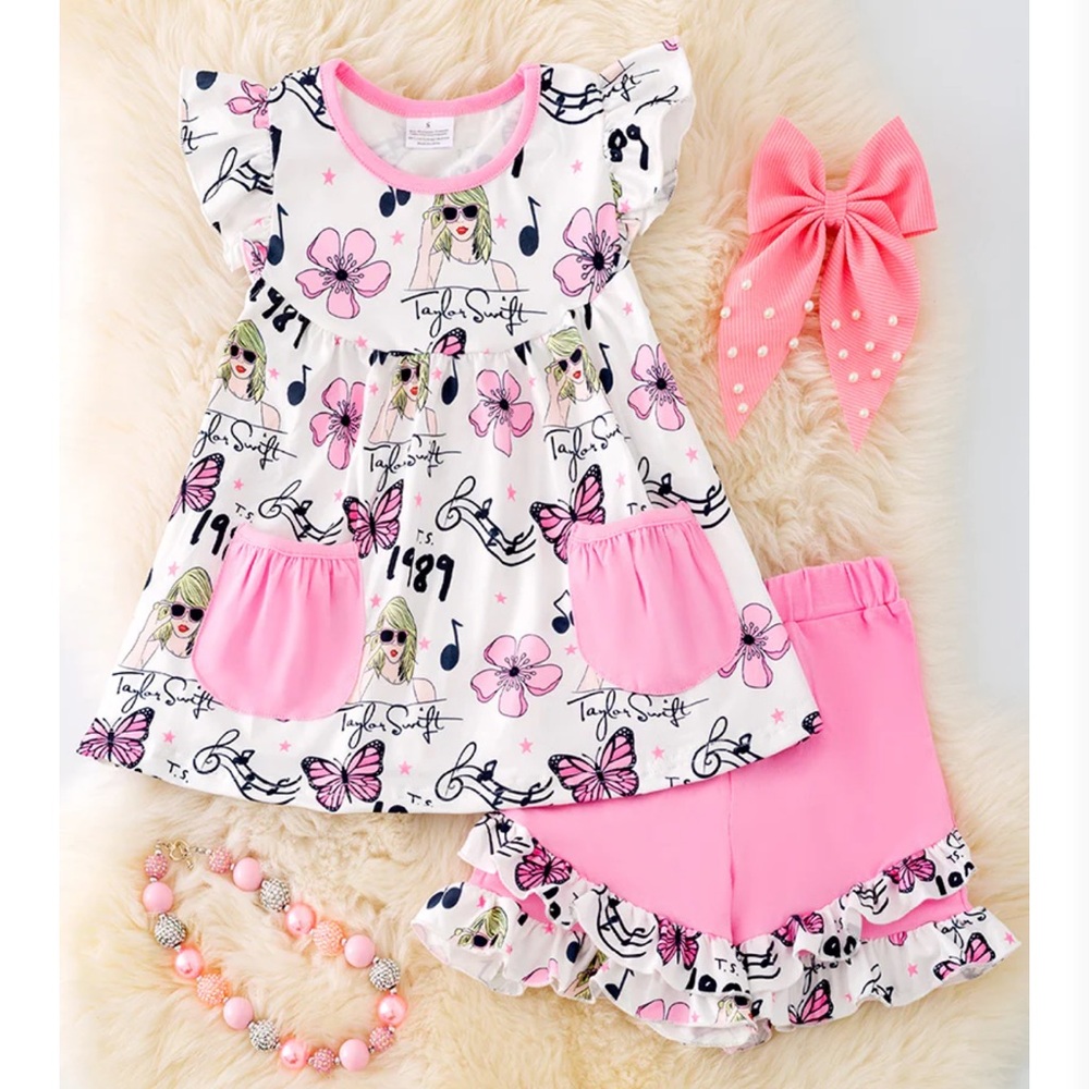 Taylor Swift girls outfit Sweet Swiftie floral printed short set XL 14/16 pink